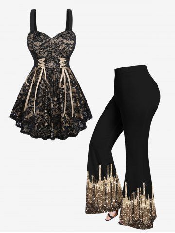 Floral Lace Overlay Ruched Layered Lace-up Backless Tank Top and Sparkling Sequins Print Pants Plus Size Matching Set