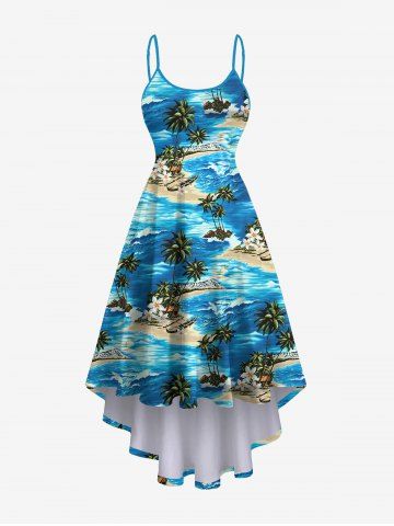 Hawaii Plus Size Sea Waves Flowers Coconut Tree Boat Print High Low Cami Dress - LIGHT BLUE - XS