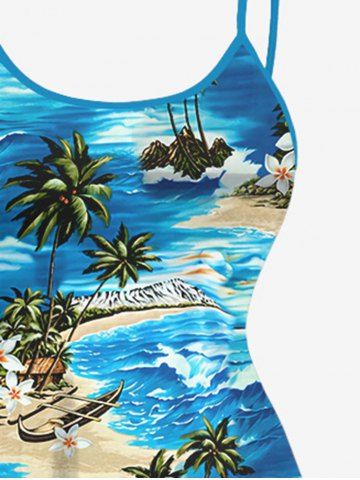 Hawaii Plus Size Sea Waves Flowers Coconut Tree Boat Print High Low Cami Dress