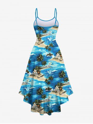 Hawaii Plus Size Sea Waves Flowers Coconut Tree Boat Print High Low Cami Dress