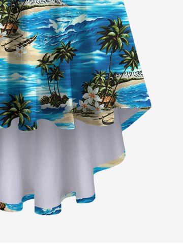 Hawaii Plus Size Sea Waves Flowers Coconut Tree Boat Print High Low Cami Dress