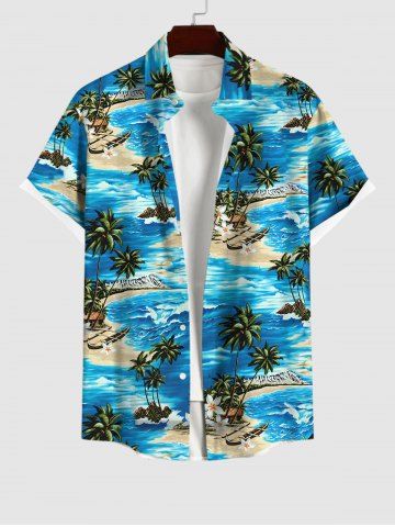 Hawaii Plus Size Sea Waves Flowers Coconut Tree Boat Print Buttons Pocket Shirt For Men - LIGHT BLUE - M