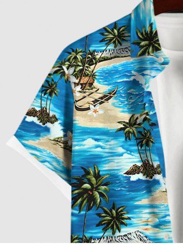 Hawaii Plus Size Sea Waves Flowers Coconut Tree Boat Print Buttons Pocket Shirt For Men