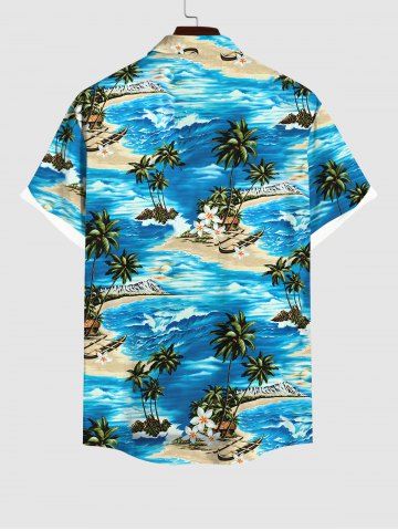 Hawaii Plus Size Sea Waves Flowers Coconut Tree Boat Print Buttons Pocket Shirt For Men