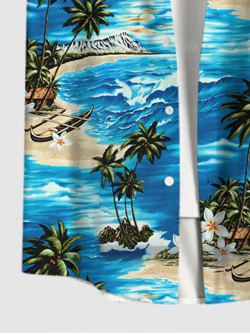 Hawaii Plus Size Sea Waves Flowers Coconut Tree Boat Print Buttons Pocket Shirt For Men
