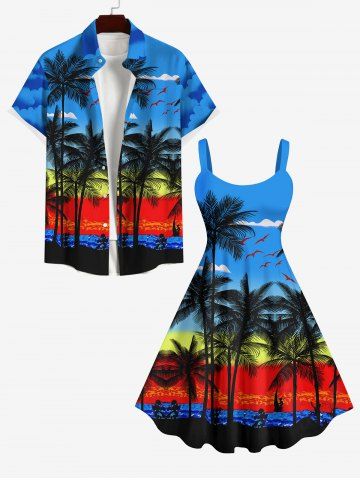 Coconut Tree Cloud Sea Colorblock Print Plus Size Matching Hawaii Beach Outfit for Couples