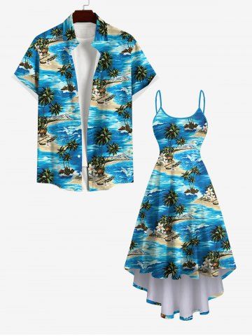 Sea Waves Flowers Coconut Tree Boat Print Plus Size Matching Hawaii Beach Outfit for Couples - LIGHT BLUE