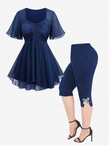 Sheer Chiffon Surplice Asymmetrical Blouse and Bowknot Diamond Buckle Split Capri Leggings Plus Size Summer Outfit - BLUE