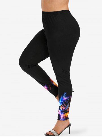 Legging 3D Rose Fleur Brillante Imprimée de Grande Taille à Paillettes - BLACK - L