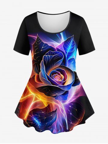 Plus Size Rose Flower Lightning Glitter 3D Print T-shirt - BLACK - S