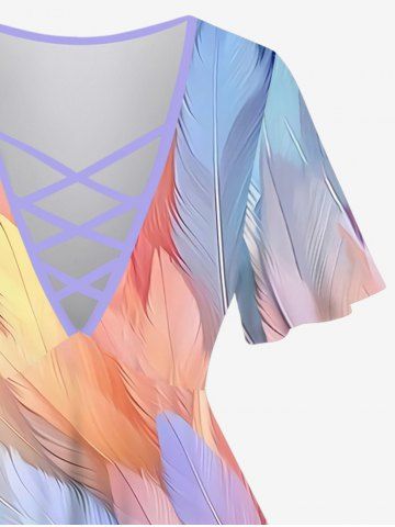 Plus Size Ombre Feather Print Lattice Crisscross Flare Sleeve T-shirt