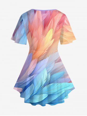 Plus Size Ombre Feather Print Lattice Crisscross Flare Sleeve T-shirt