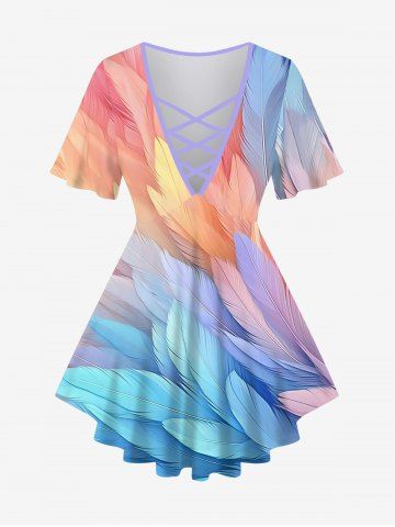 Plus Size Ombre Feather Print Lattice Crisscross Flare Sleeve T-shirt - MULTI-A - 1X