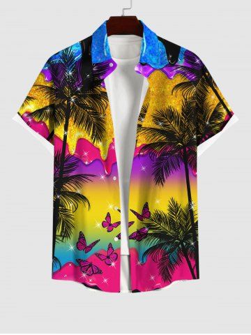 Plus Size Coconut Tree Butterfly Paint Drop Glitter Sparkling Ombre Galaxy Aurora Print Button Pocket Shirt For Men
