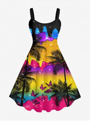 Hawaii Plus Size Coconut Tree Butterfly Paint Drop Glitter Sparkling Ombre Galaxy Aurora Print Backless Dress - MULTI-A - M