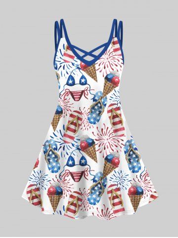Hawaii Plus Size Bikinis Fireworks Ice Cream Print Crisscross A Line Cami Dress - WHITE - S
