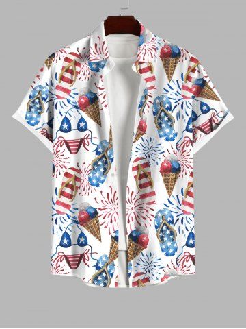 Hawaii Plus Size Turn-down Collar Bikini Fireworks Ice Cream Print Button Pocket Shirt For Men - WHITE - S