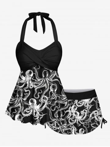 Plus Size X-Ray Octopus Print Twist Halter Backless Cinched Boyshort Tankini Swimsuit - BLACK - XS