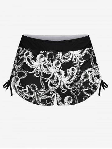Plus Size X-Ray Octopus Print Twist Halter Backless Cinched Boyshort Tankini Swimsuit
