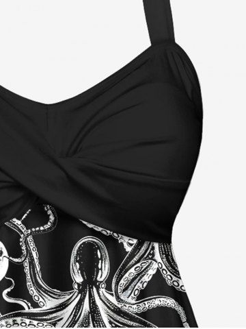 Plus Size X-Ray Octopus Print Twist Halter Backless Cinched Boyshort Tankini Swimsuit