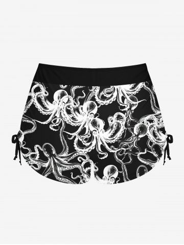 Plus Size X-Ray Octopus Print Twist Halter Backless Cinched Boyshort Tankini Swimsuit
