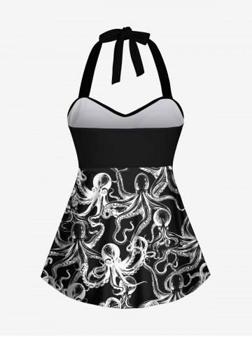 Plus Size X-Ray Octopus Print Twist Halter Backless Cinched Boyshort Tankini Swimsuit