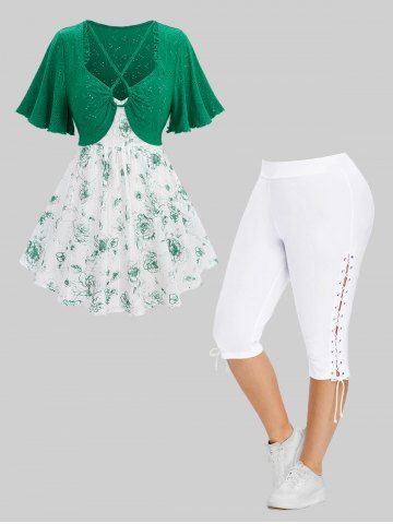 Pointelle Flower Embroidered Crisscross Ruched Textured Top and High Waisted Lace Up Pants Plus Size Matching Set - GREEN