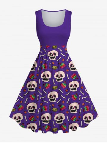 Plus Size Skulls Leafs Kite Bones Print Sleeveless A Line Dress - PURPLE - XS