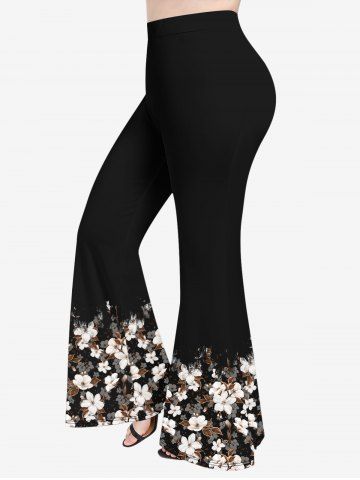 Plus Size Flower Print Flare Pants - BLACK - 2X