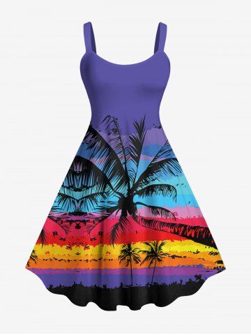 Hawaii Plus Size Coconut Tree Sky Colorblock Print Tank Dress - MULTI-A - S