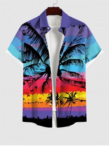 Hawaii Plus Size Coconut Tree Sky Colorblock Print Buttons Pocket Shirt For Men - MULTI-A - M