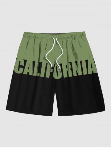 Men's California Letters Colorblock Print Pocket Beach Shorts - BLACK - M