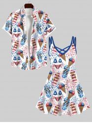 Bikinis Fireworks Ice Cream Print Crisscross Dress and Button Pocket Shirt Plus Size Matching Hawaii Beach Outfit for Couples -  