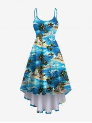 Hawaii Plus Size Sea Waves Flowers Coconut Tree Boat Print High Low Cami Dress -  