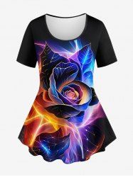 Plus Size Rose Flower Lightning Glitter 3D Print T-shirt -  