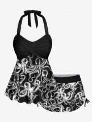 Plus Size X-Ray Octopus Print Twist Halter Backless Cinched Boyshort Tankini Swimsuit -  