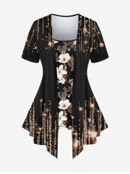 Plus Size Glitter Sparkling Light Beam Floral Print Patchwork Asymmetric 2 in 1 T-shirt -  