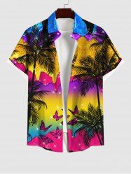 Hawaii Plus Size Coconut Tree Butterfly Paint Drop Glitter Sparkling Ombre Galaxy Aurora Print Button Pocket Shirt For Men -  