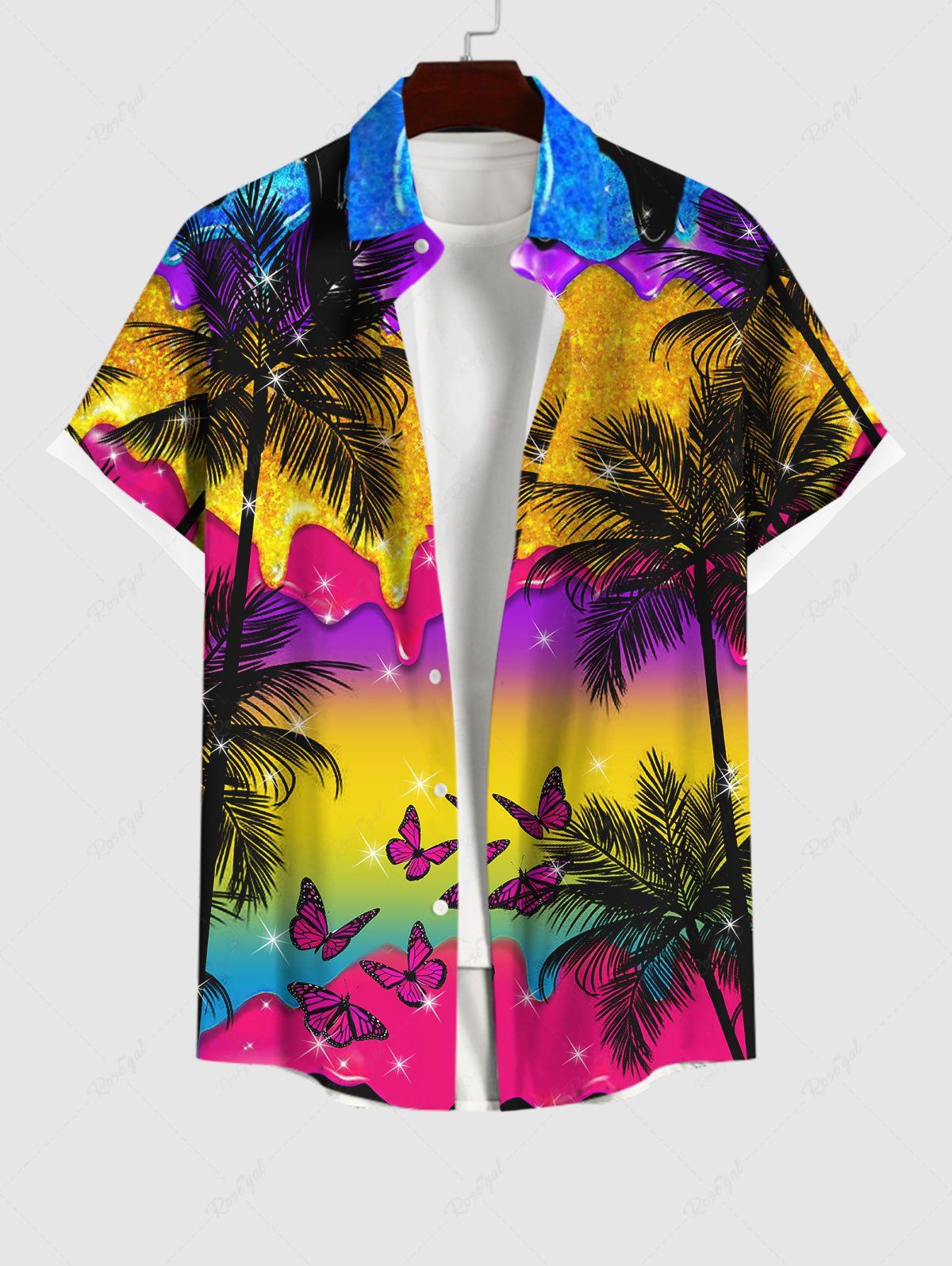 Shops Hawaii Plus Size Coconut Tree Butterfly Paint Drop Glitter Sparkling Ombre Galaxy Aurora Print Button Pocket Shirt For Men  
