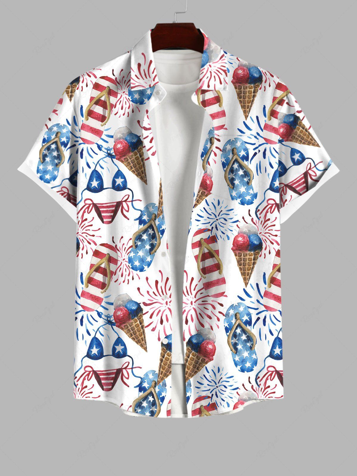 Fashion Hawaii Plus Size Turn-down Collar Bikini Fireworks Ice Cream Print Button Pocket Shirt For Men  