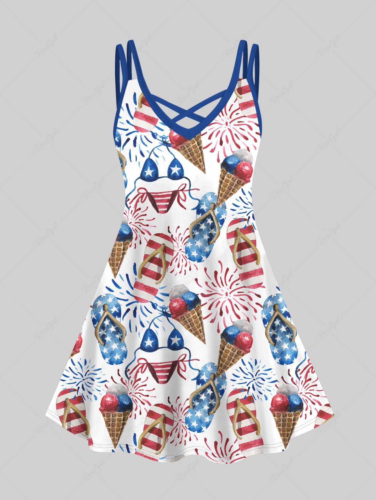 Fashion Hawaii Plus Size Bikinis Fireworks Ice Cream Print Crisscross A Line Cami Dress  