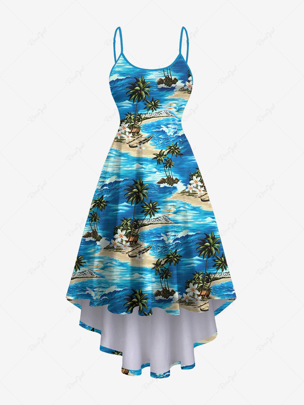 Shops Hawaii Plus Size Sea Waves Flowers Coconut Tree Boat Print High Low Cami Dress  