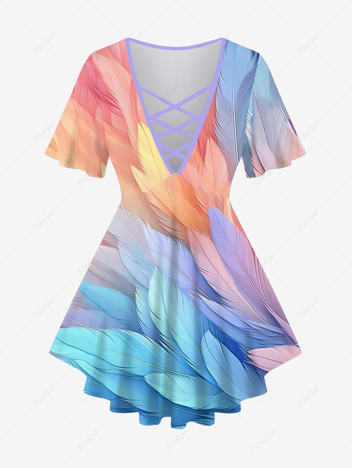 Latest Plus Size Ombre Feather Print Lattice Crisscross Flare Sleeve T-shirt  