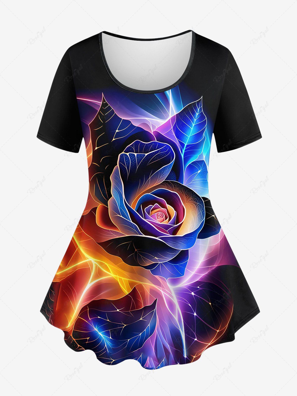 Discount Plus Size Rose Flower Lightning Glitter 3D Print T-shirt  