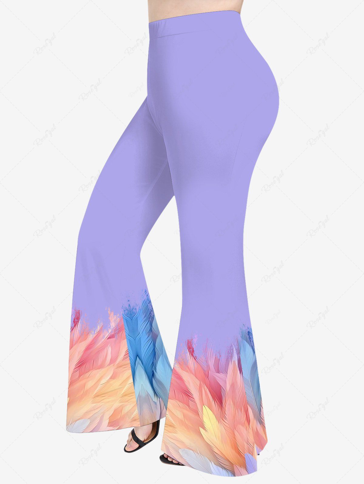 Pantalon Evasé Ombré Plume Imprimée de Grande Taille Violet clair 3X