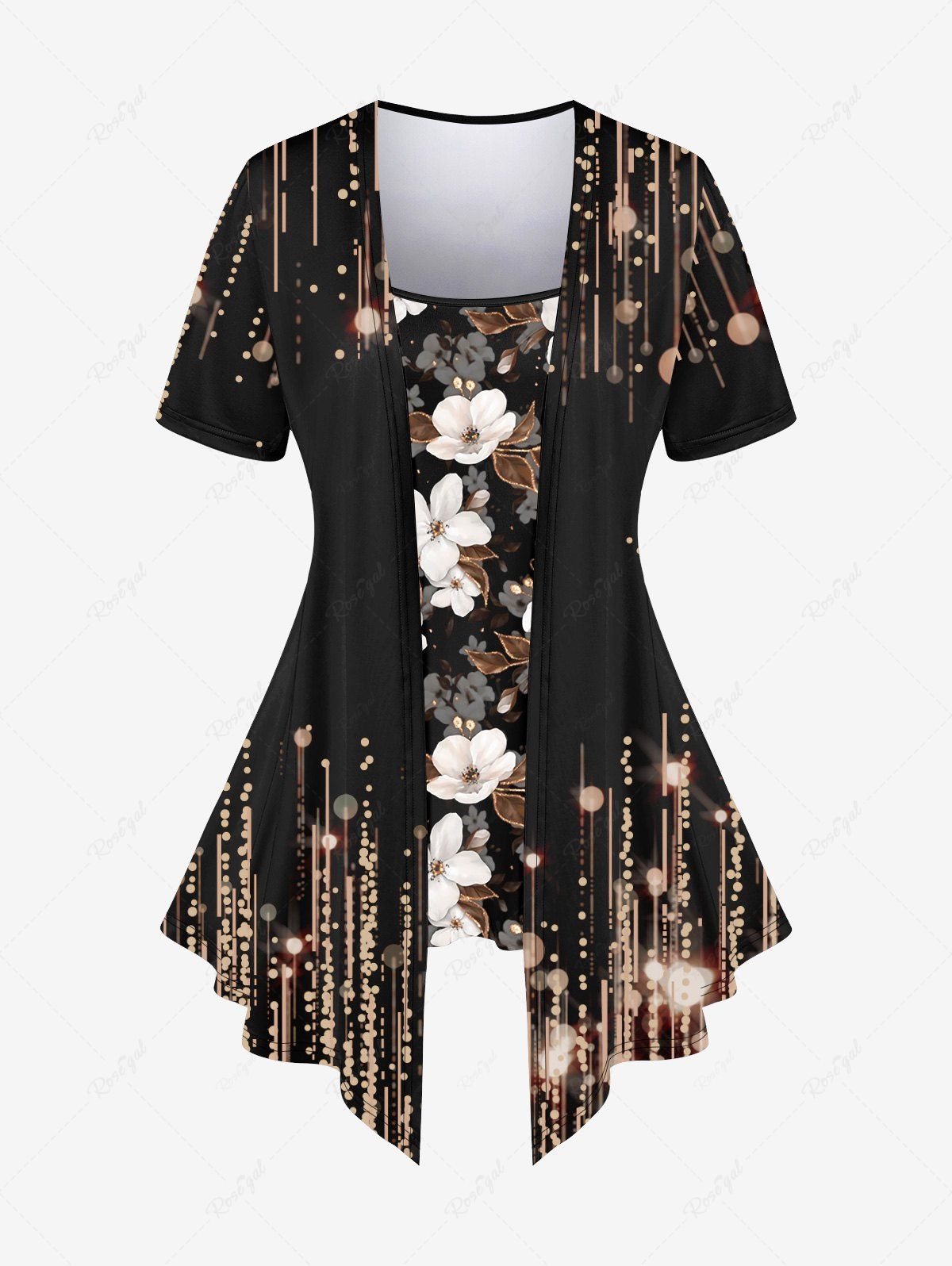 Store Plus Size Glitter Sparkling Light Beam Floral Print Patchwork Asymmetric 2 in 1 T-shirt  
