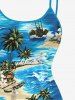 Hawaii Plus Size Sea Waves Flowers Coconut Tree Boat Print High Low Cami Dress -  