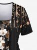 Plus Size Glitter Sparkling Light Beam Floral Print Patchwork Asymmetric 2 in 1 T-shirt -  