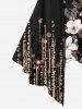 Plus Size Glitter Sparkling Light Beam Floral Print Patchwork Asymmetric 2 in 1 T-shirt -  