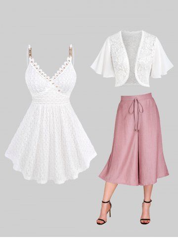 Pointelle Solid Jacquard Textured Chain Top and Lace Bolero Jacket and Lace-up Pocket Culotte Pants Plus Size Matching Set - WHITE